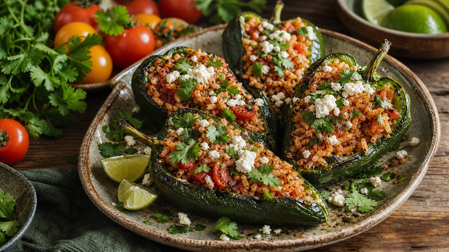 Stuffed Poblanos with Tomato Rice and Herbs