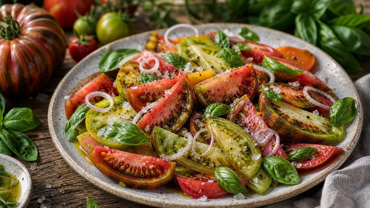 Ananas Noir Tomato Salad with Basil and Shallot
