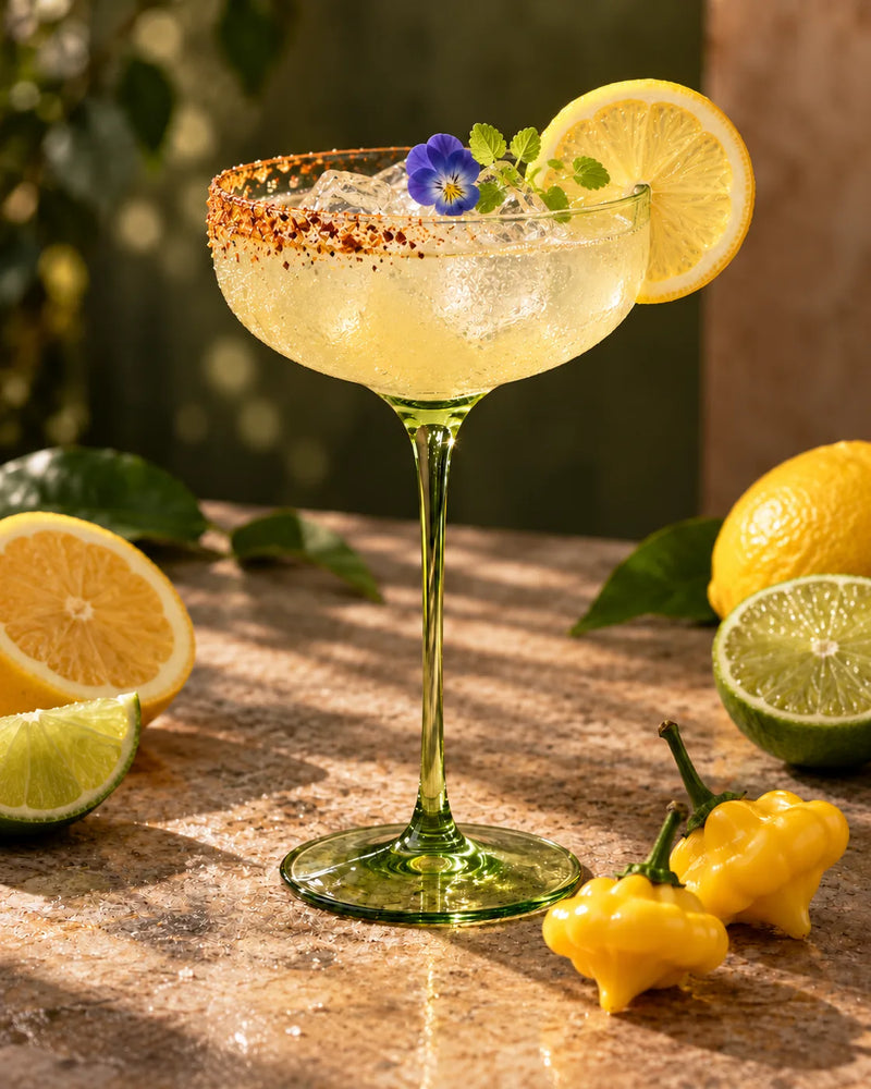 Lemon Starburst spicy margarita in a tall green slender-stem glass with a Tajín half-rim, lemon wheel, blue viola and lemon balm microgreens.