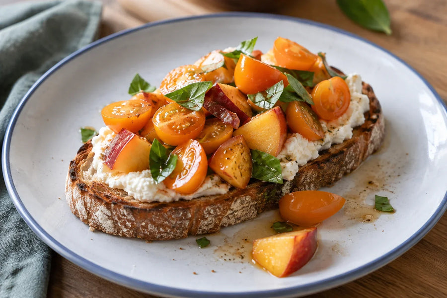 Atomic Sunset Tomato and Peach Toasts