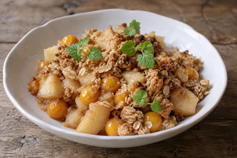 AI-generated serving illustration: Aunt Molly’s Ground Cherry Apple Crumble with lemon balm microgreens
