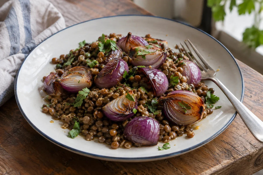 Maple-Roasted Purplette Onions with Lentils