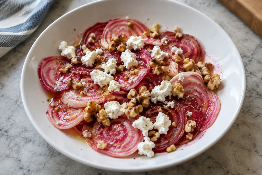 Chioggia Beet Carpaccio with Goat Cheese