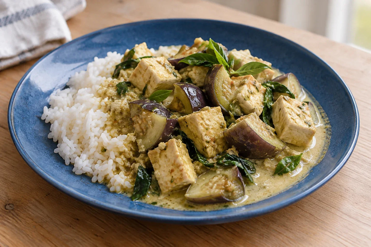 Curry de petites aubergines thaïes au tofu et au lait de coco
