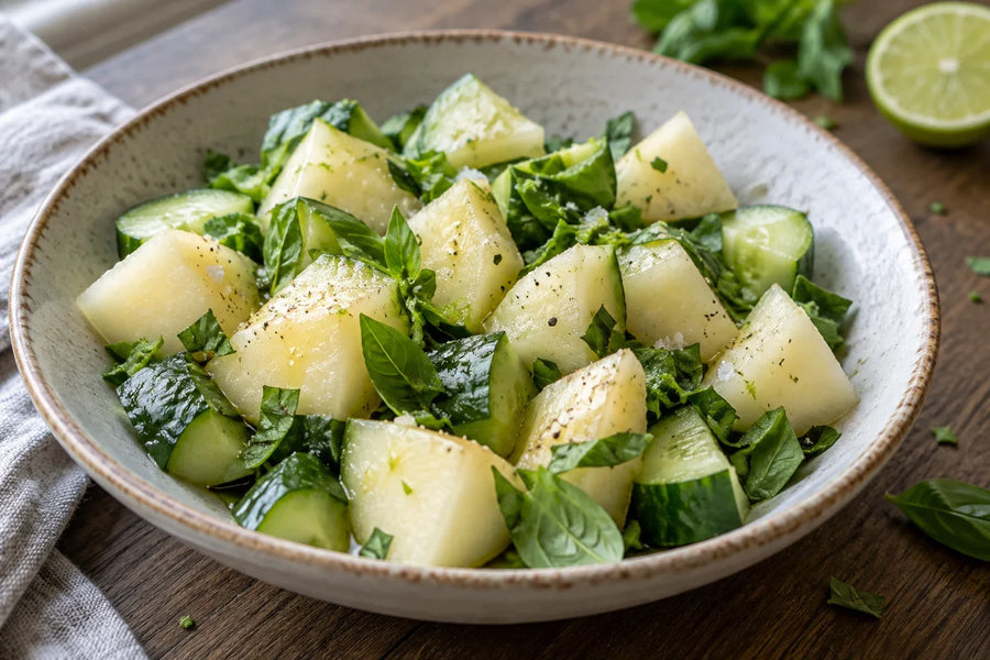 Salade de melon Dino et de concombre au basilic lime