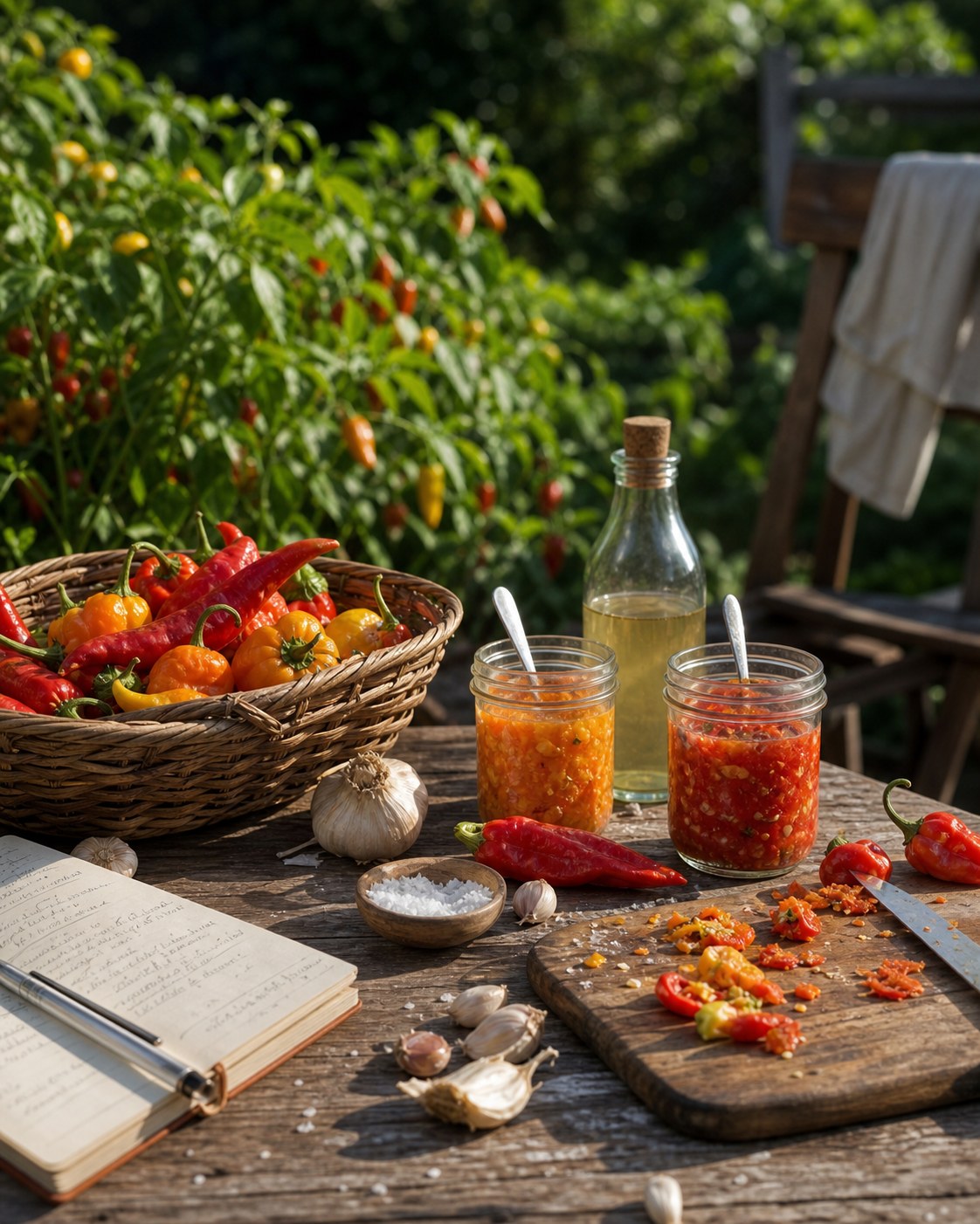 Hot sauce peppers harvested beside fermentation jars and garden notes