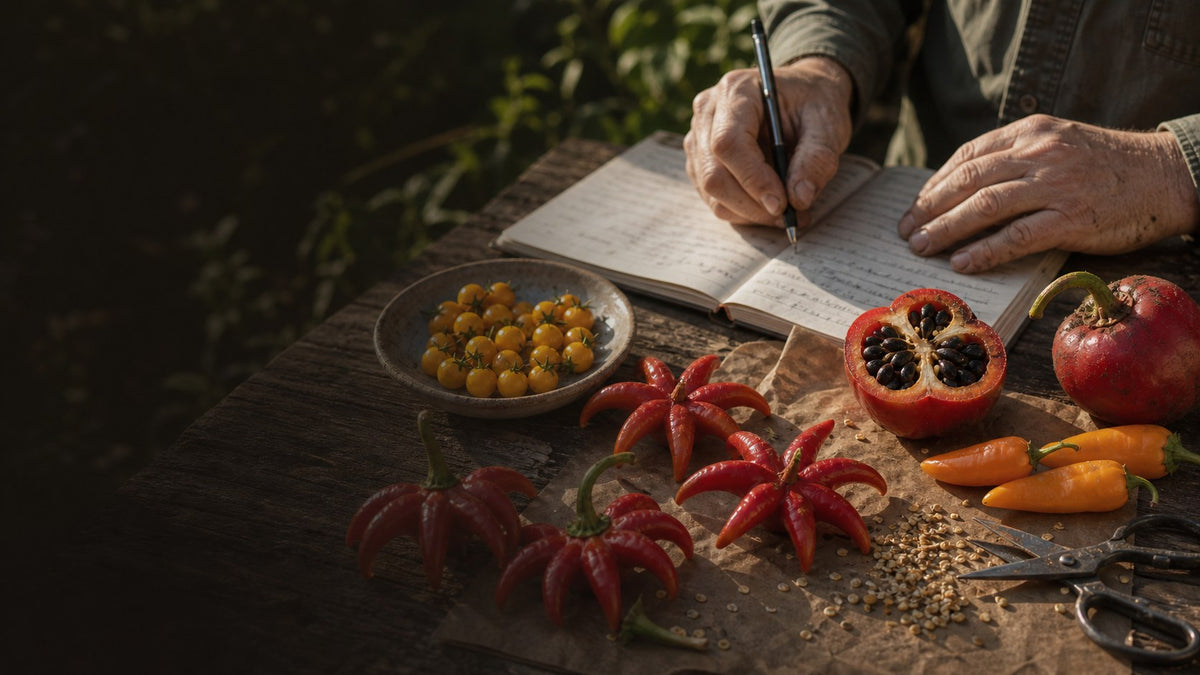Rare pepper seed collector workbench with unusual peppers and garden notes