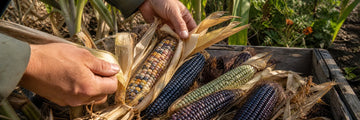 Heirloom corn ears being husked in a garden harvest crate