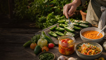 No-heat peppers prepared as poppers pickles citrus sauce and sofrito