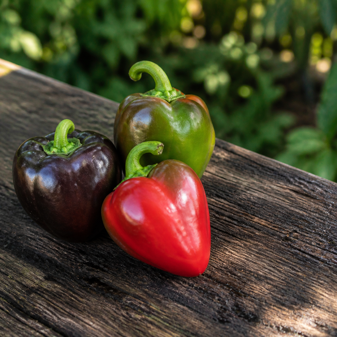 Portuguese Goat Heart peppers on weathered wood with garden background