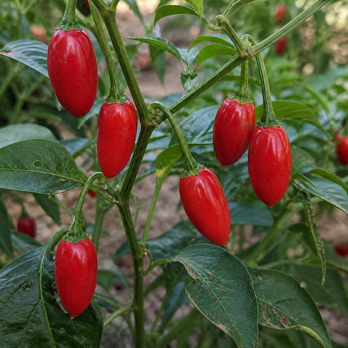 Catarina pepper plant with red oblong pods