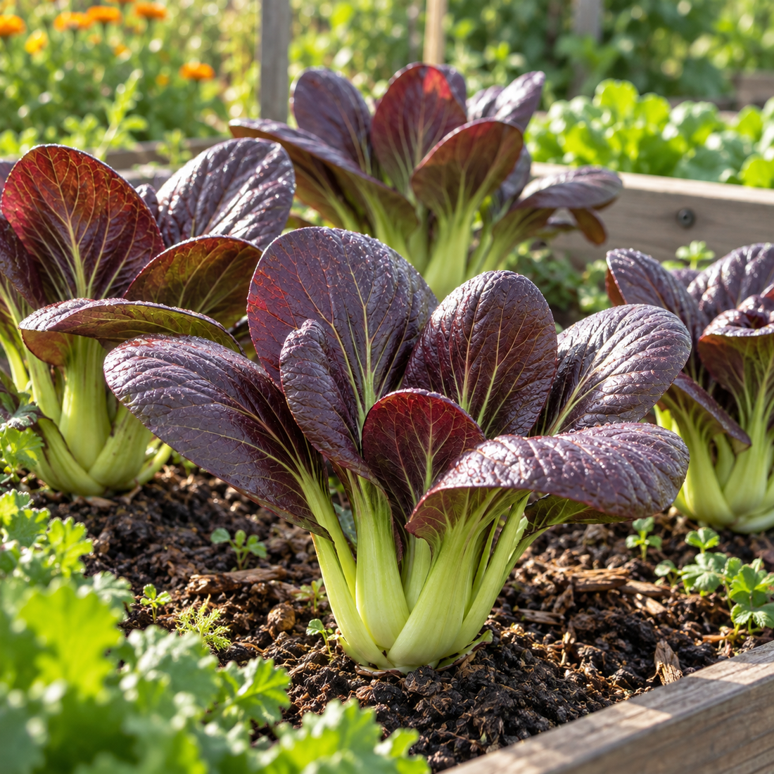 Red pak choi growing in a raised garden bed