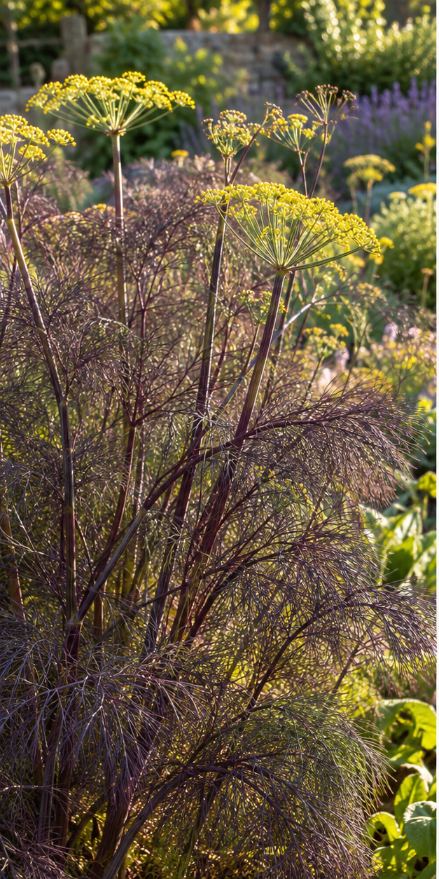 Bronze fennel plants with bronze feathery foliage and golden umbels