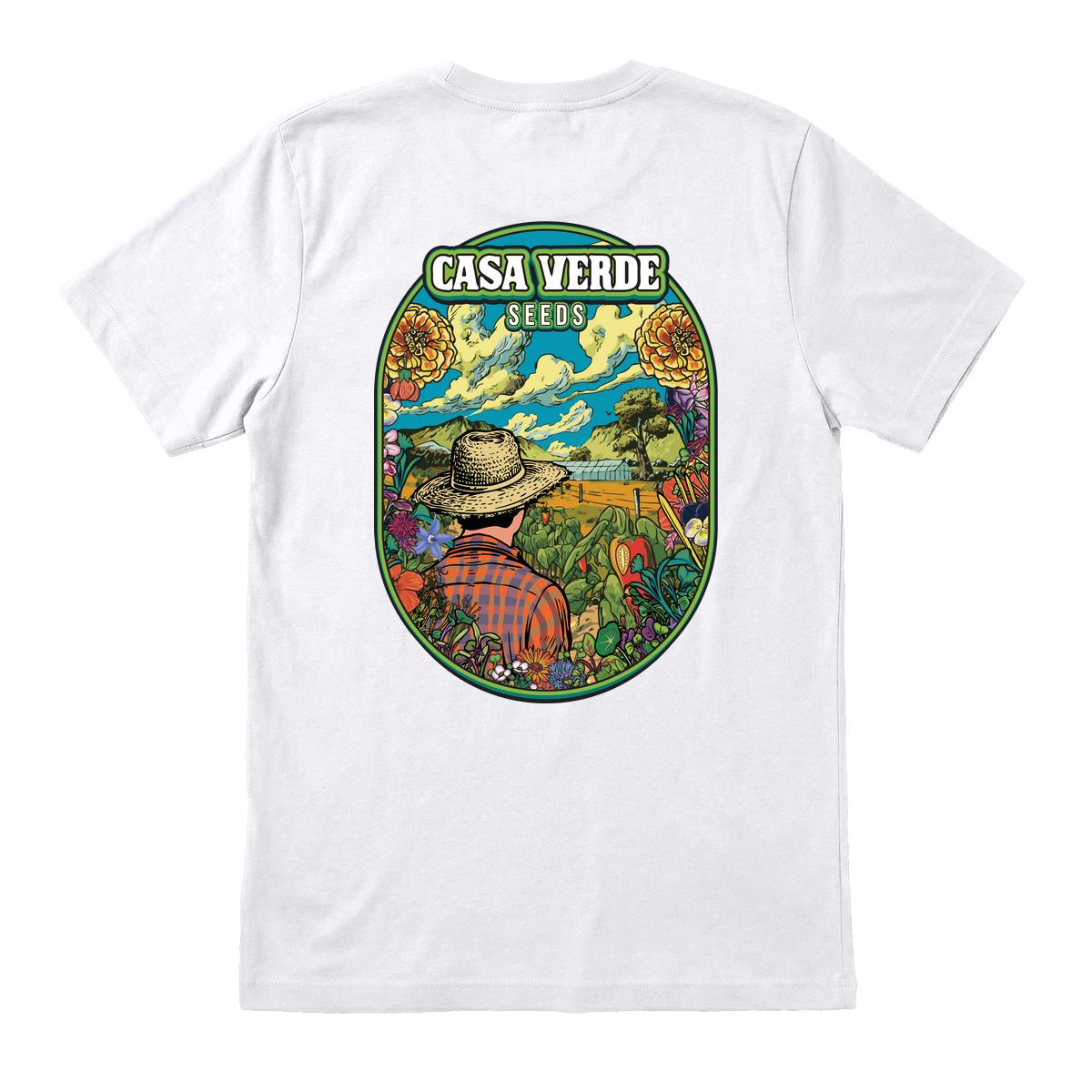 Casa Verde Seeds T-shirt back: colourful garden illustration on a white Bella+Canvas 3001. Native Printeez mockup; draft garment candidate.