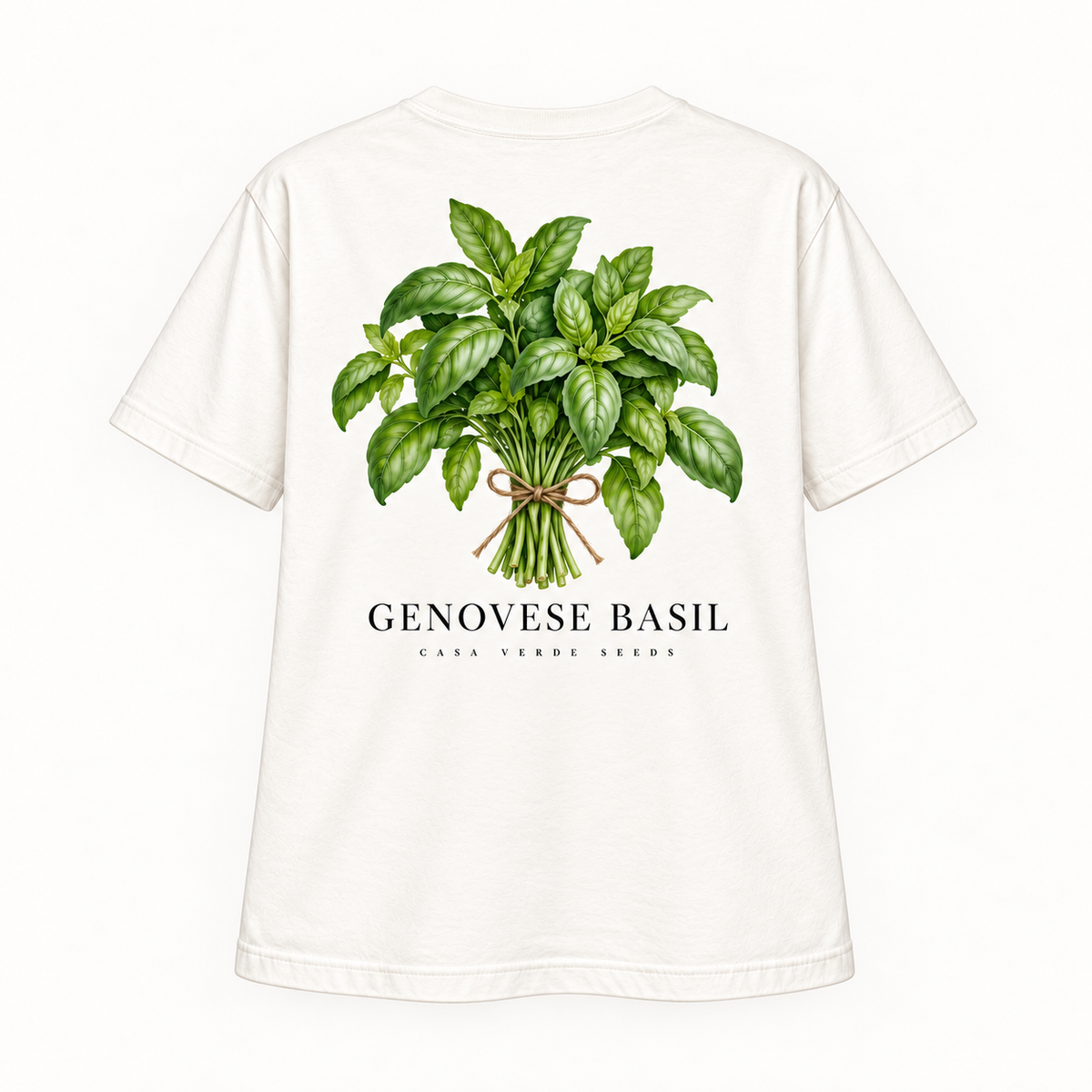 Genovese Basil T-Shirt — Individual shirt back view. Illustrative design preview; final fit and print placement may vary.