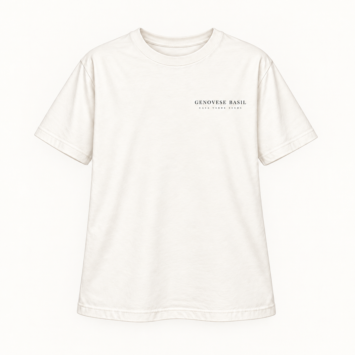Genovese Basil T-Shirt — Individual shirt front view. Illustrative design preview; final fit and print placement may vary.