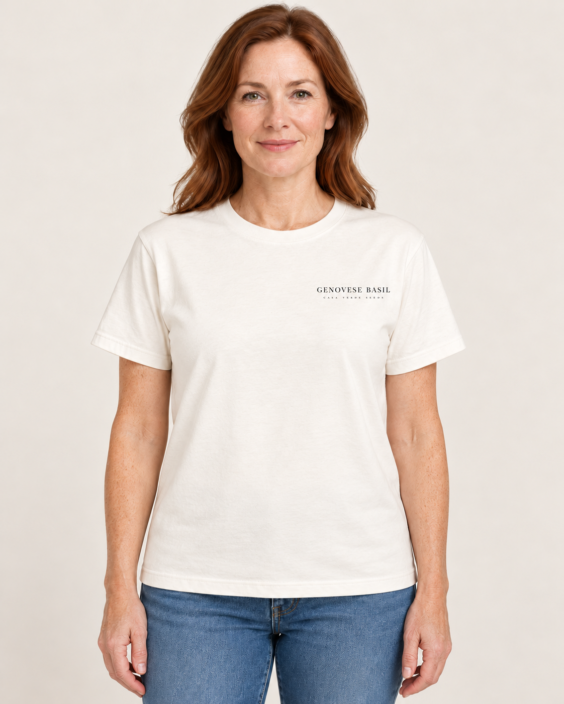 Genovese Basil T-Shirt — Front shown on a model. Illustrative garment preview; final fit and print placement may vary.