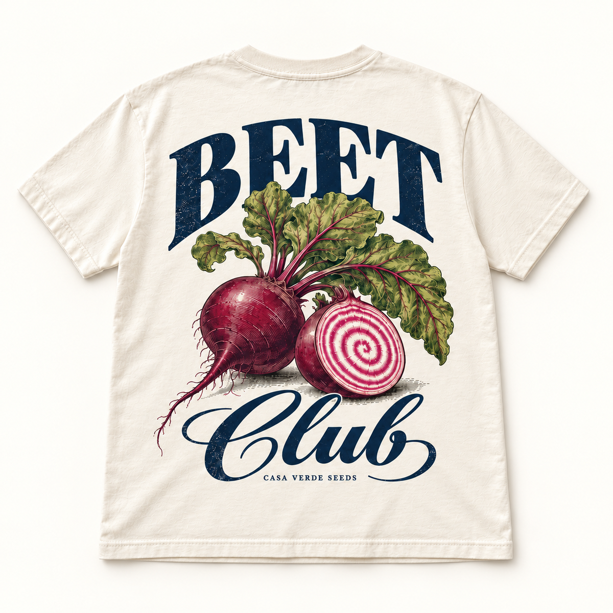 Beet Club T-Shirt — Individual shirt back view. Illustrative design preview; final fit and print placement may vary.