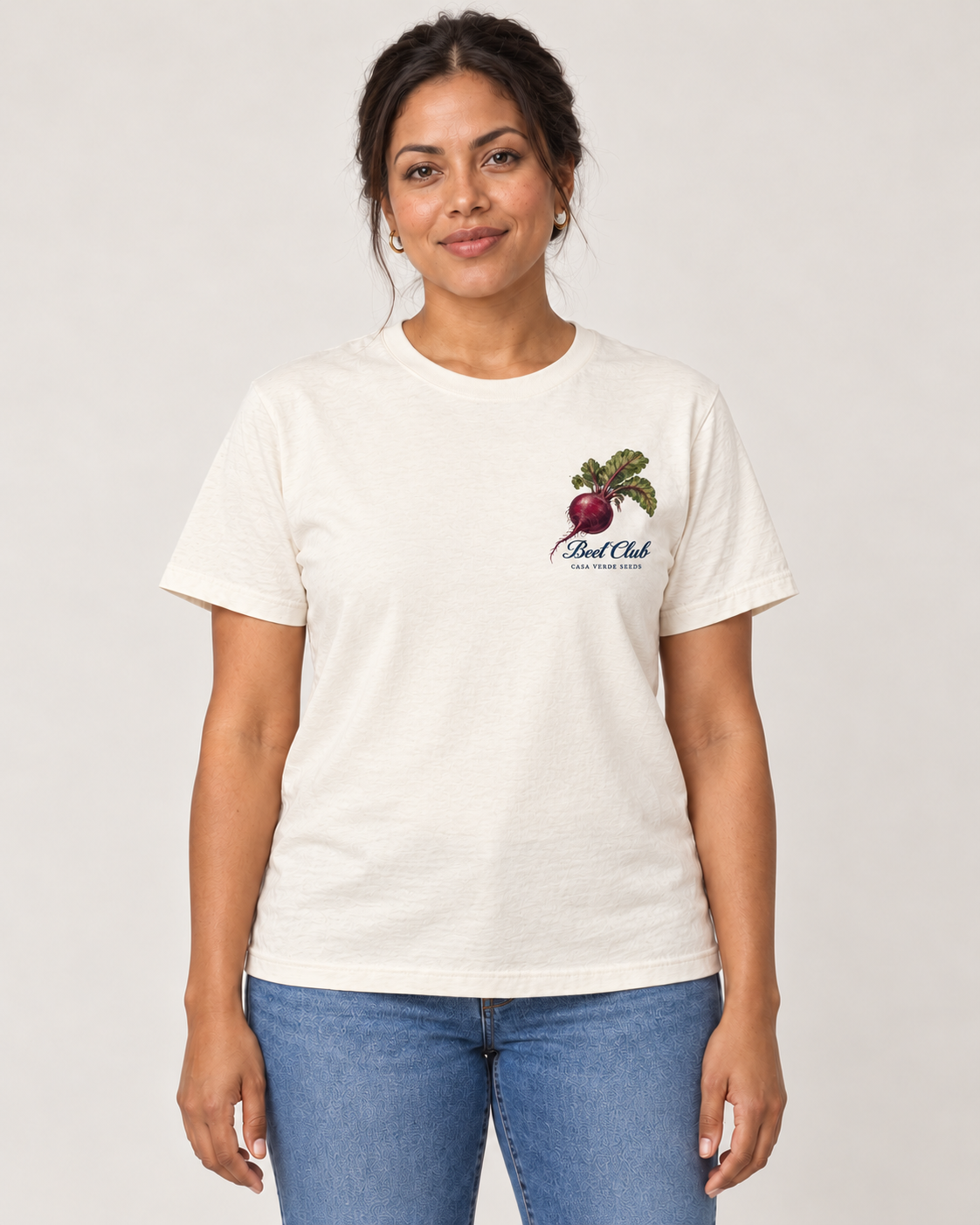 Beet Club T-Shirt — Front shown on a model. Illustrative garment preview; final fit and print placement may vary.