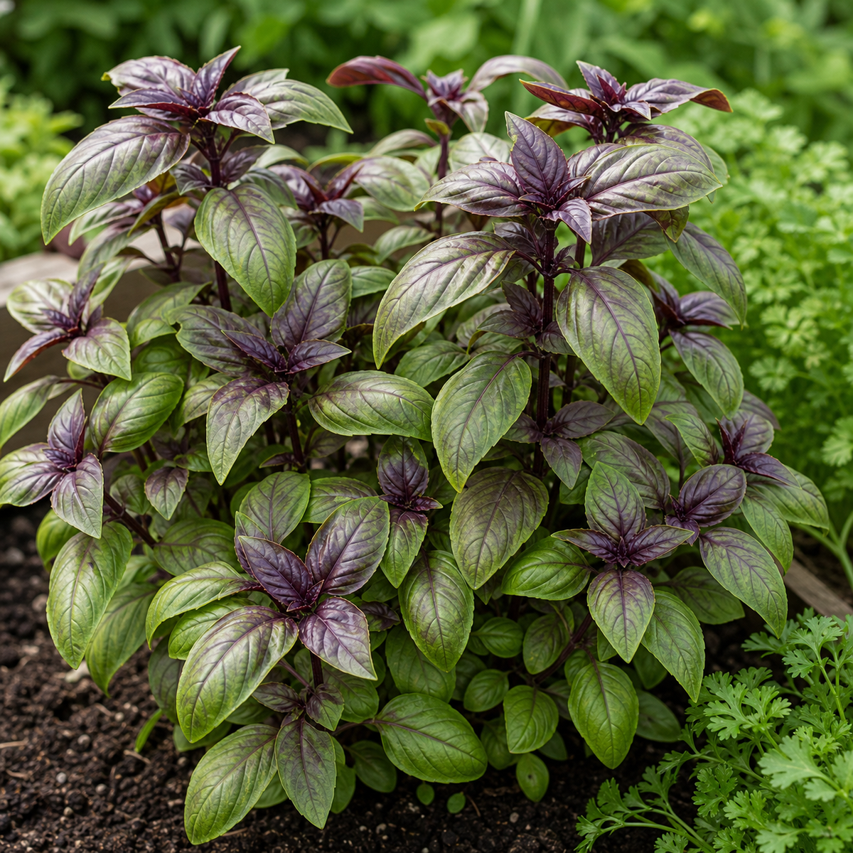 Bi-Colored Basil Seeds growing in the garden