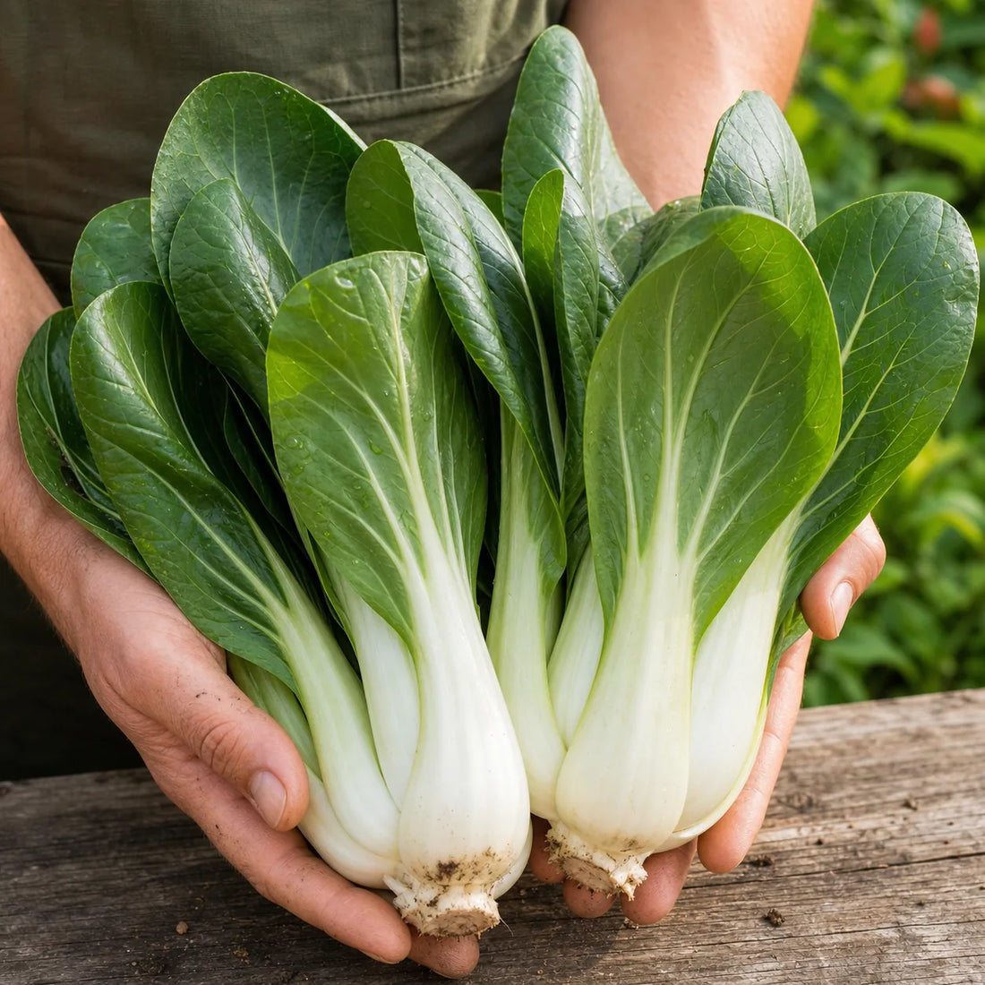 Freshly harvested white-stem bok choy heads held in gardener hands