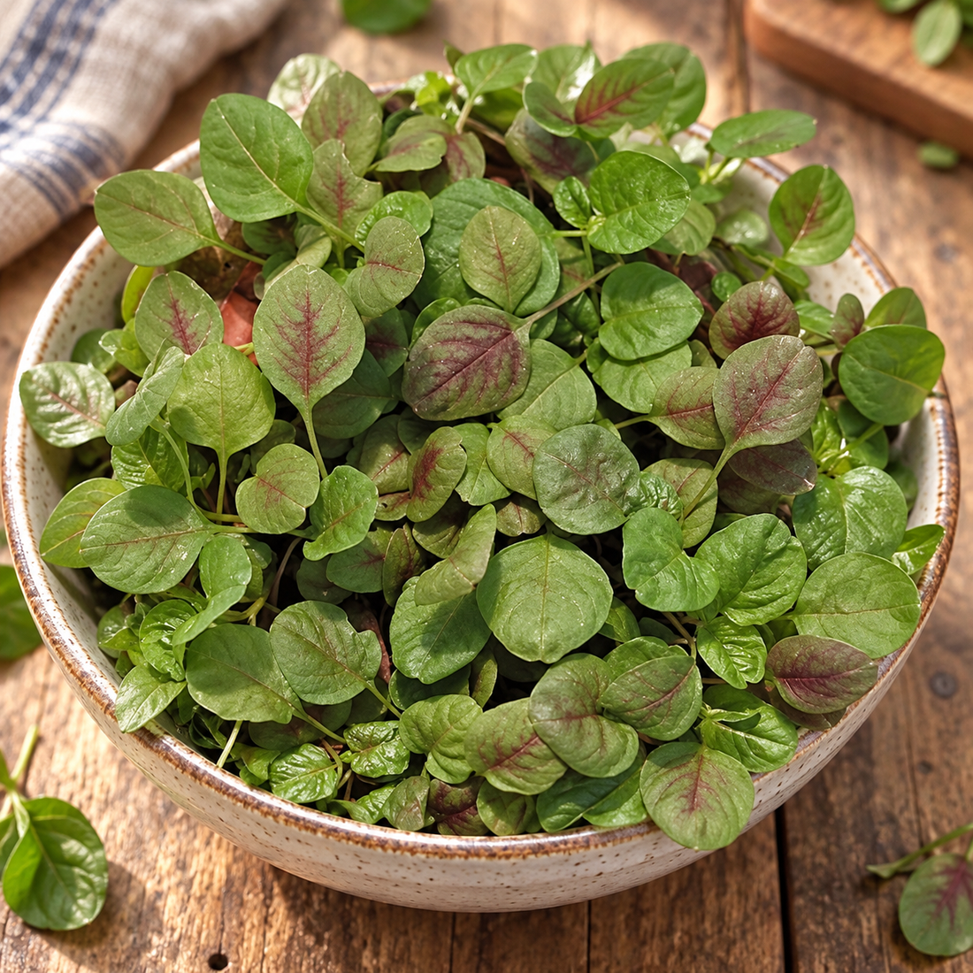 Red leaf vegetable amaranth greens in a harvest bowl