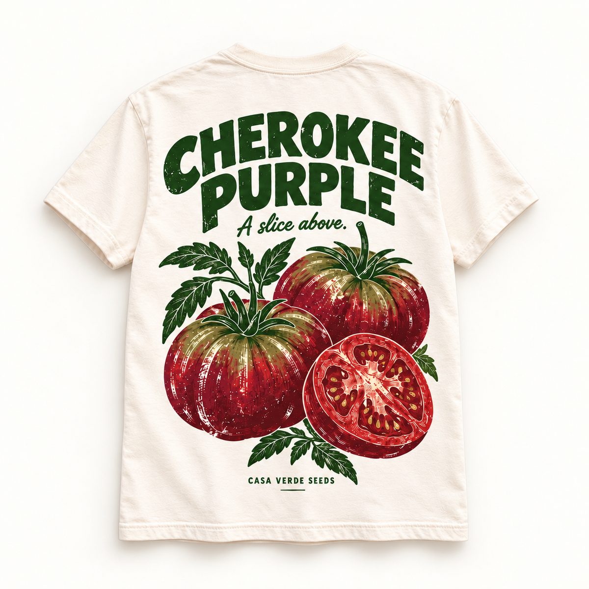 Cherokee Purple T-Shirt — Individual shirt back view. Illustrative design preview; final fit and print placement may vary.