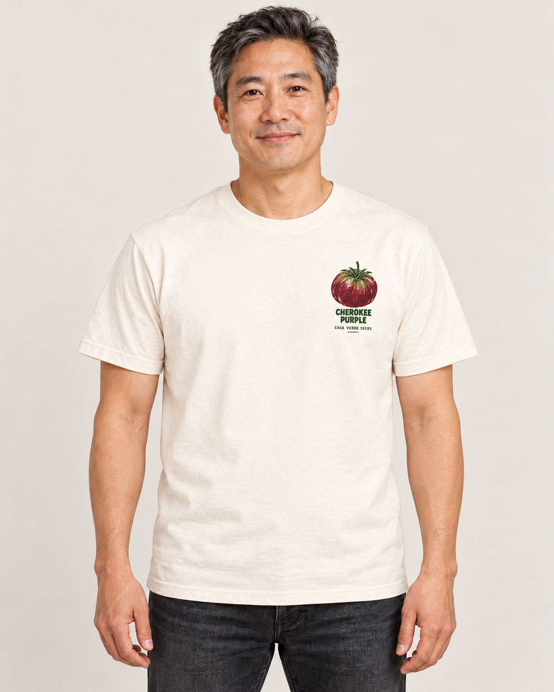 Cherokee Purple T-Shirt — Front shown on a model. Illustrative garment preview; final fit and print placement may vary.