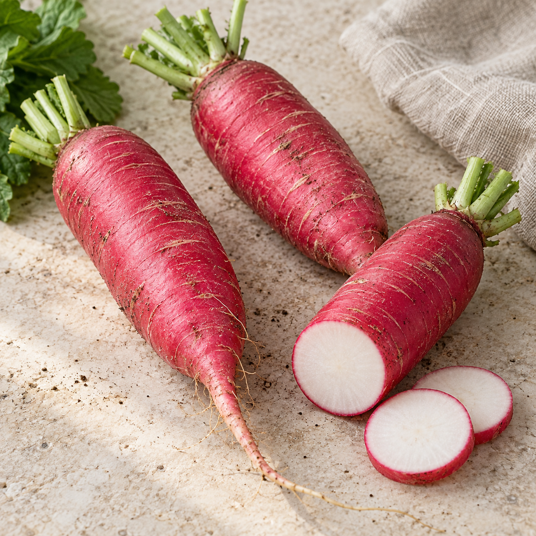 Elongated rose-pink China Rose radishes with sliced roots showing crisp white flesh