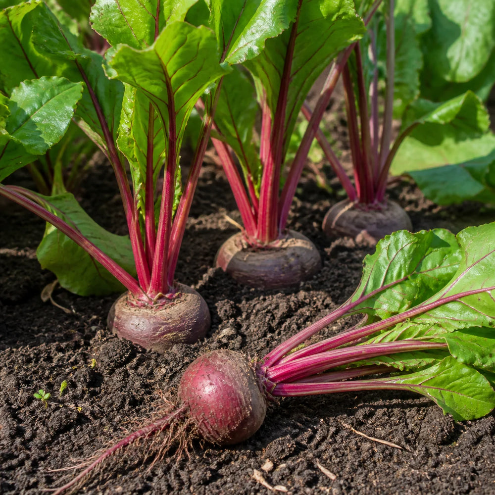 Chioggia Guardsmark Organic beets growing in garden soil with pink stems