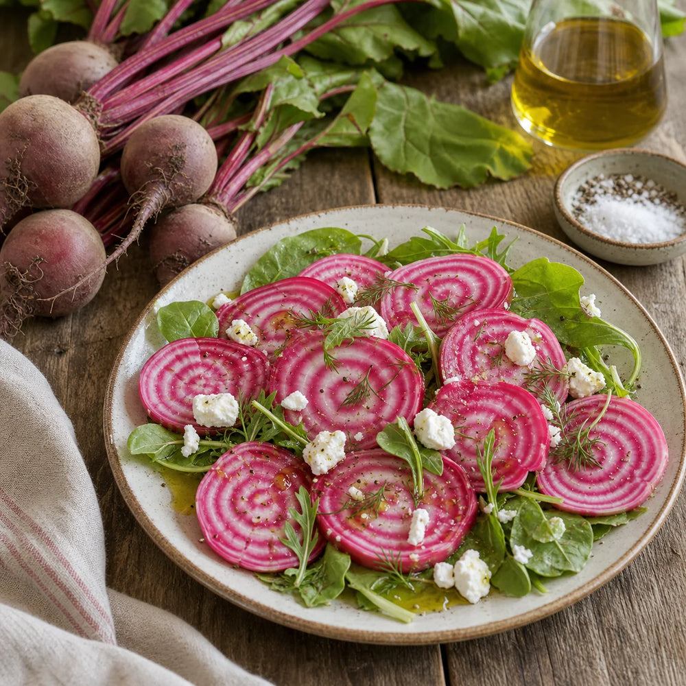 Chioggia Guardsmark Organic beet salad with pink and white striped slices