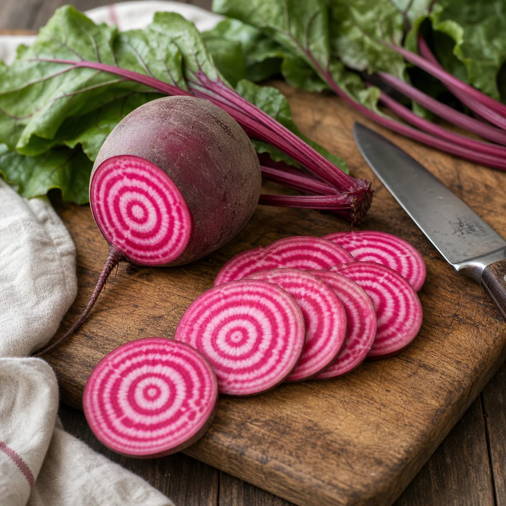 Chioggia Guardsmark Organic beet sliced on a cutting board showing bullseye rings