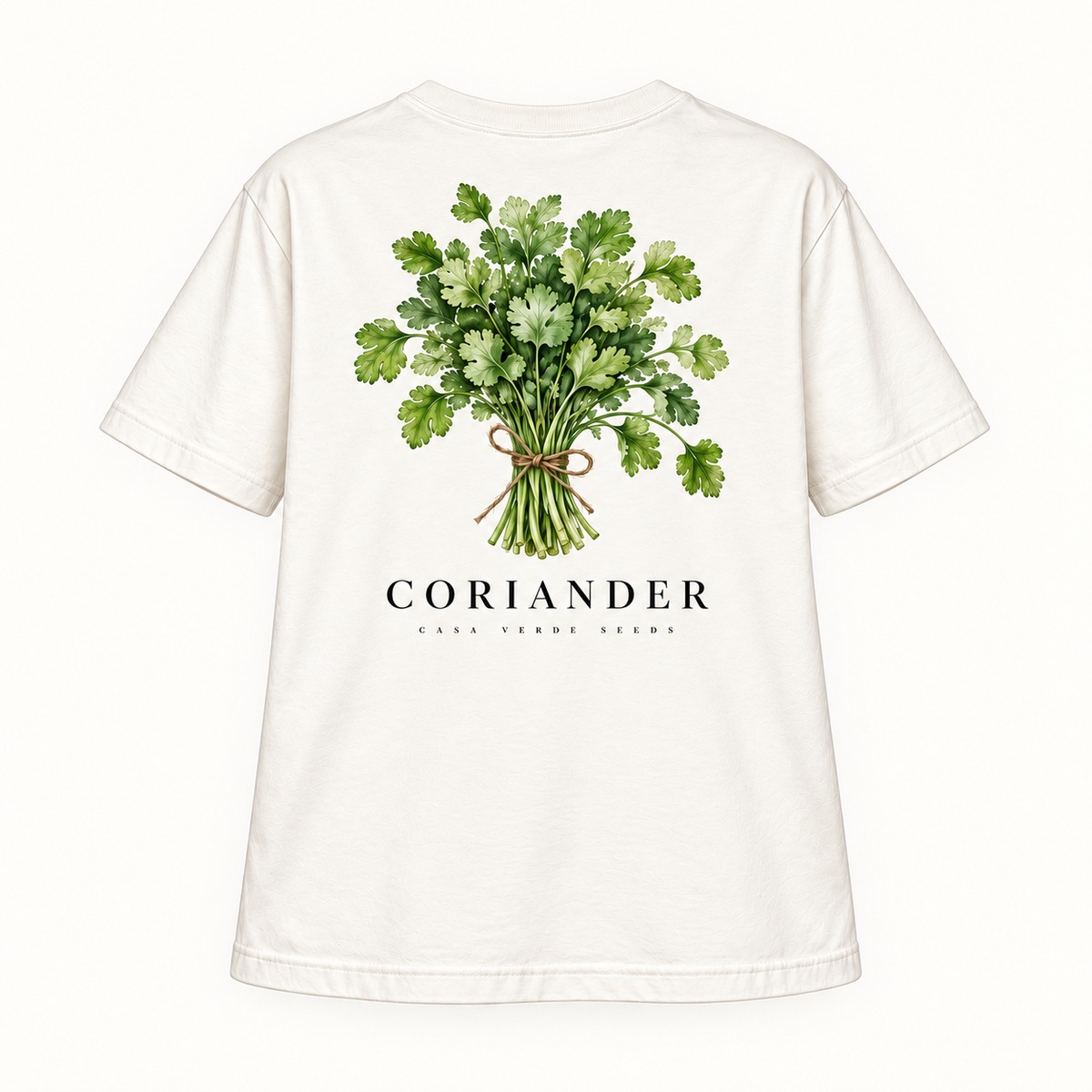 Coriander T-Shirt — Individual shirt back view. Illustrative design preview; final fit and print placement may vary.