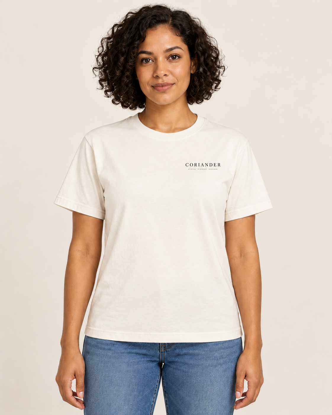 Coriander T-Shirt — Front shown on a model. Illustrative garment preview; final fit and print placement may vary.