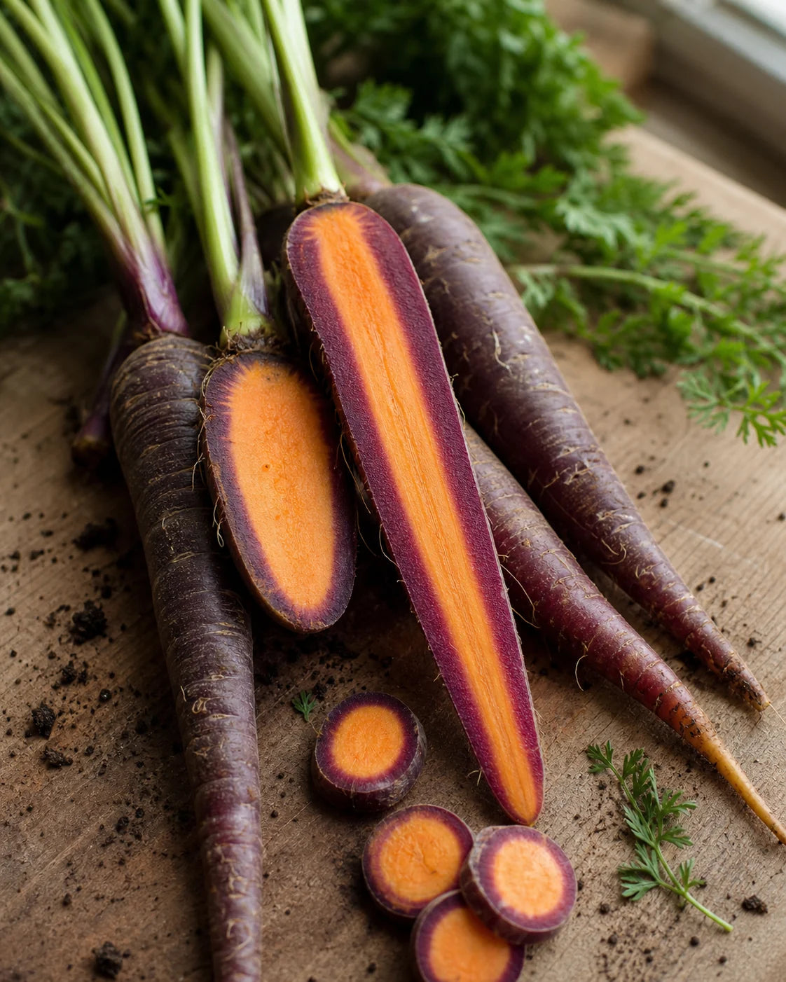 Cosmic Purple carrots sliced to show purple skin and orange interior