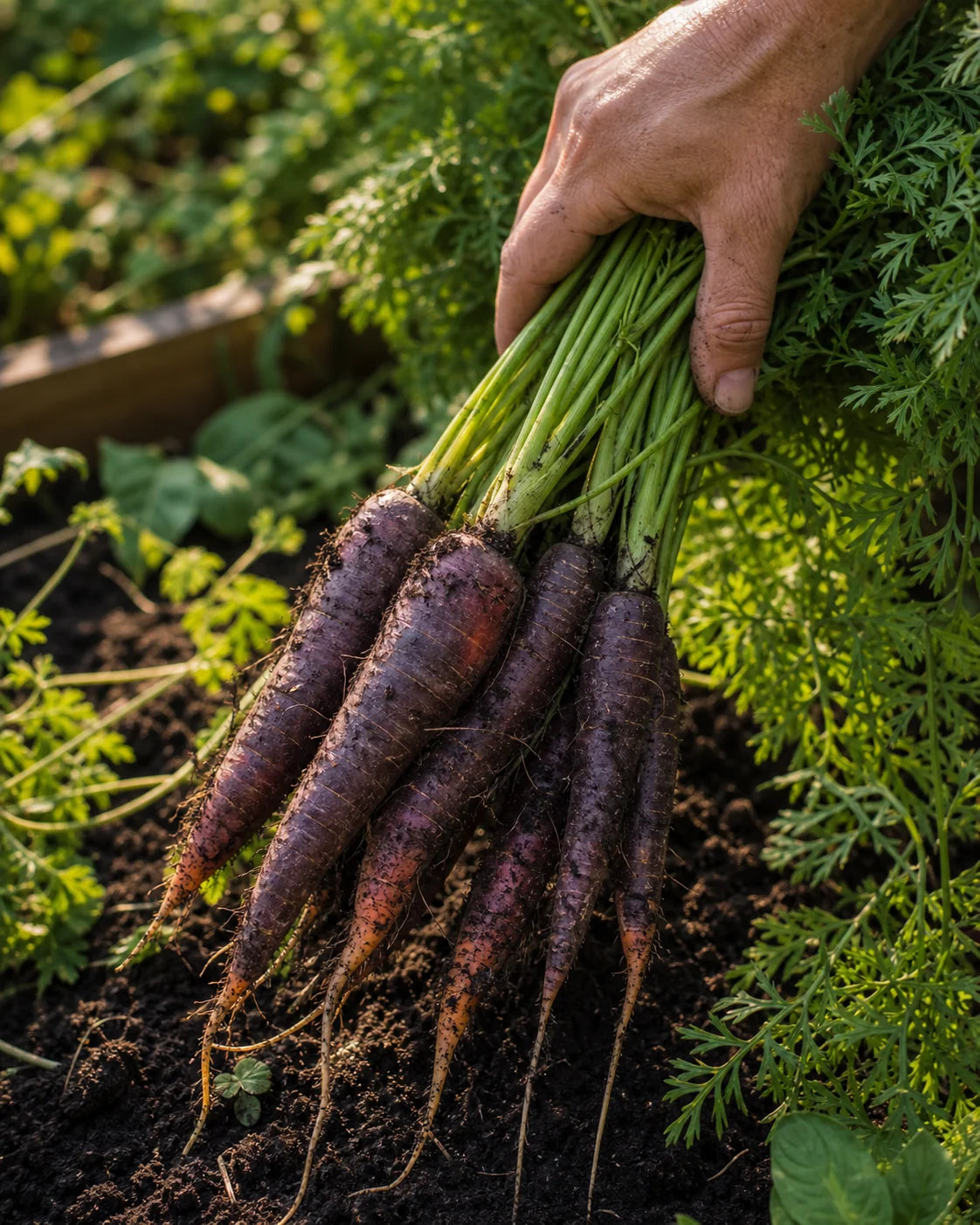 Cosmic Purple carrot seeds harvest showing purple carrots pulled from garden soil