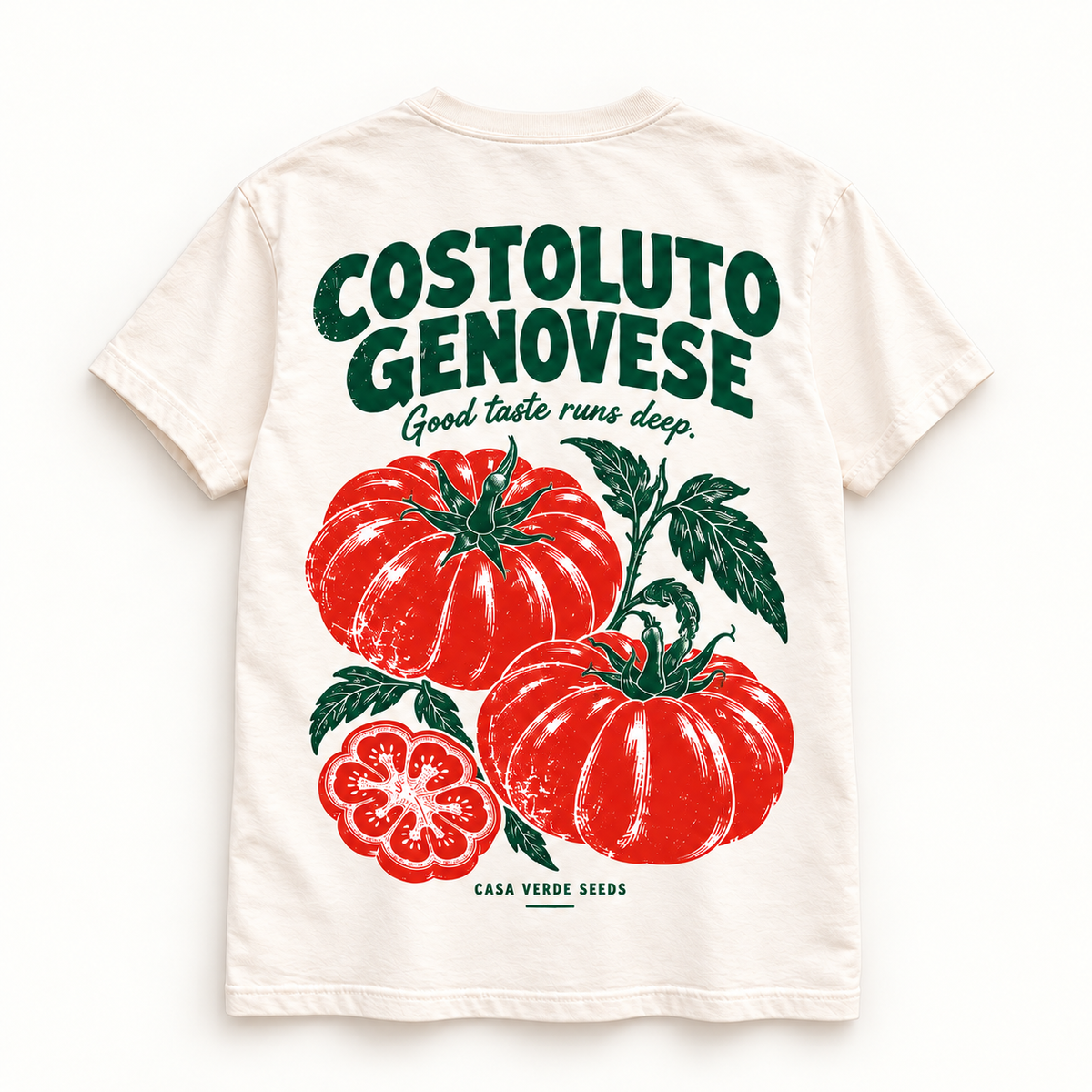 Costoluto Genovese T-Shirt — Individual shirt back view. Illustrative design preview; final fit and print placement may vary.
