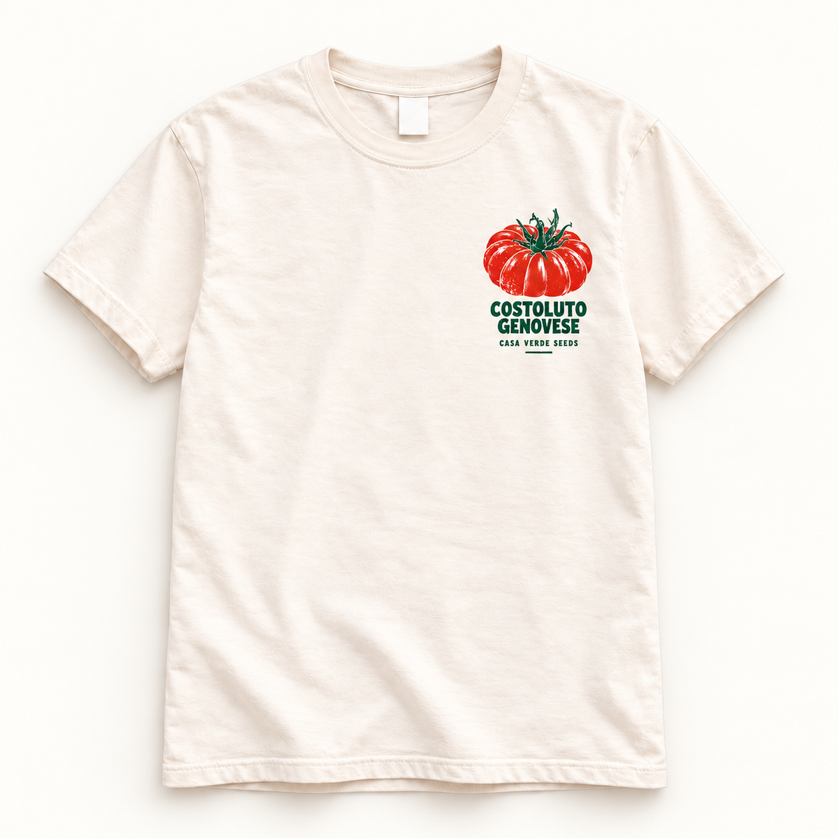 Costoluto Genovese T-Shirt — Individual shirt front view. Illustrative design preview; final fit and print placement may vary.