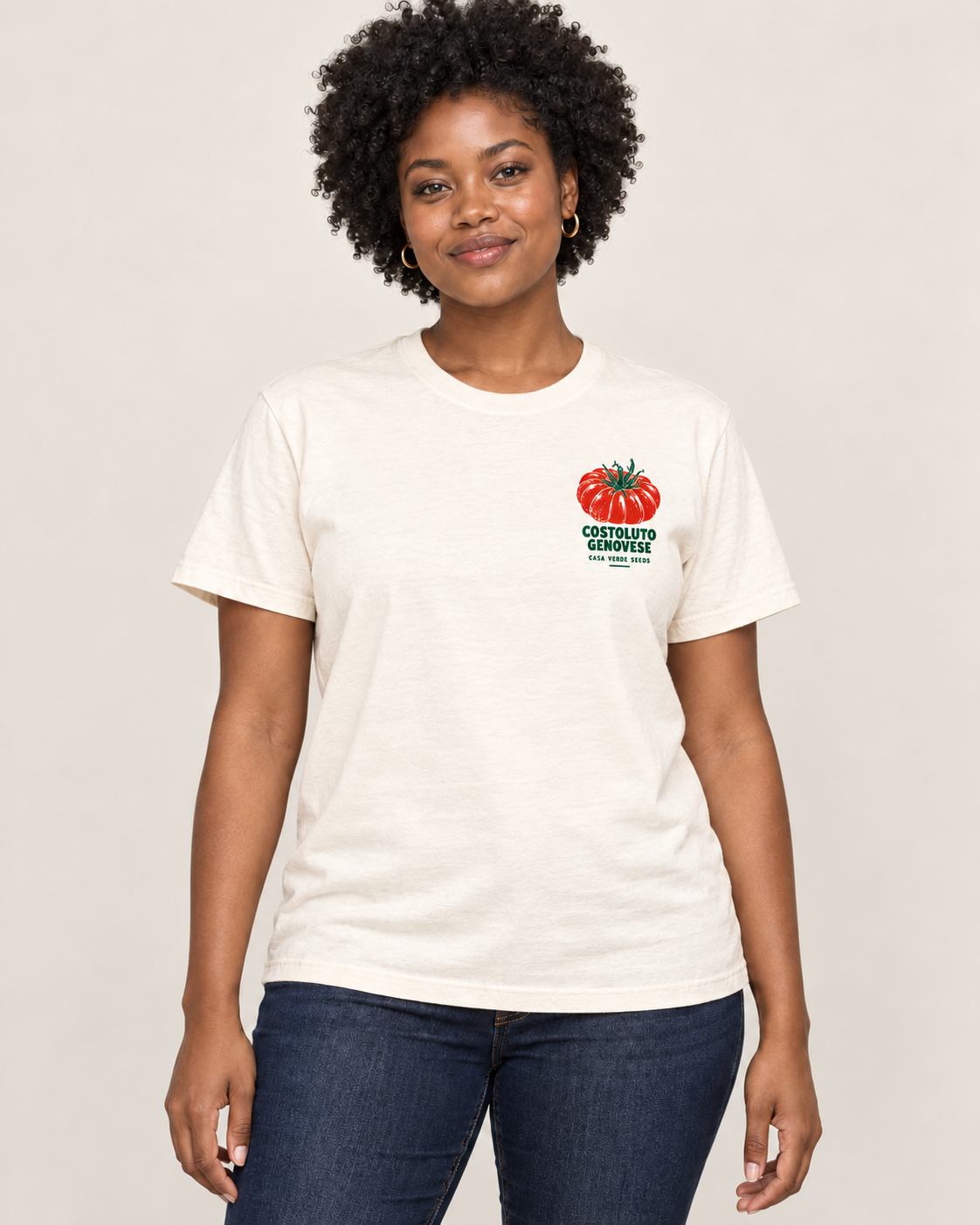 Costoluto Genovese T-Shirt — Front shown on a model. Illustrative garment preview; final fit and print placement may vary.
