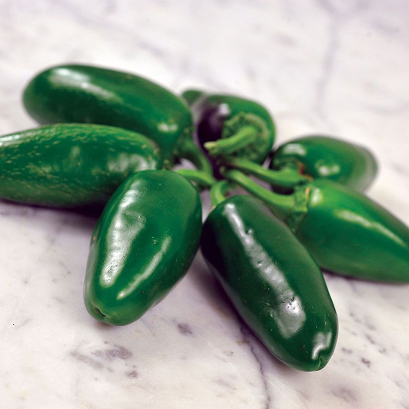 Green Craig's Grande Jalapeno peppers on a marble surface