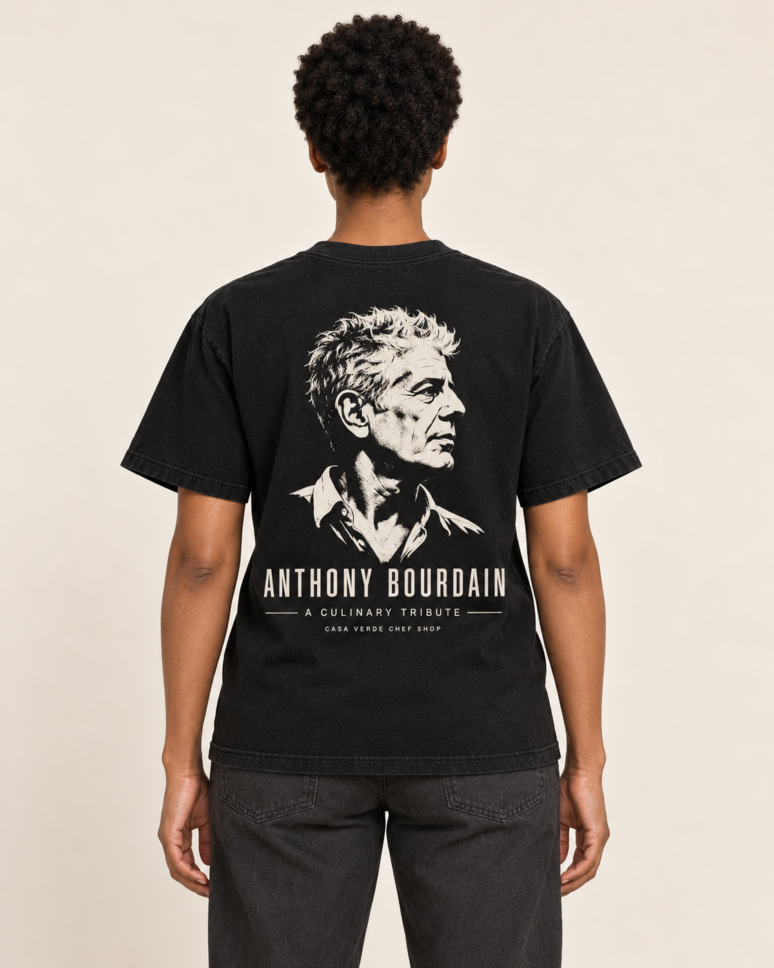 Anthony Bourdain Culinary Tribute T-Shirt — AI-generated back view of the approved design. Illustrative garment preview, not a physical sample, exact fit or production proof.