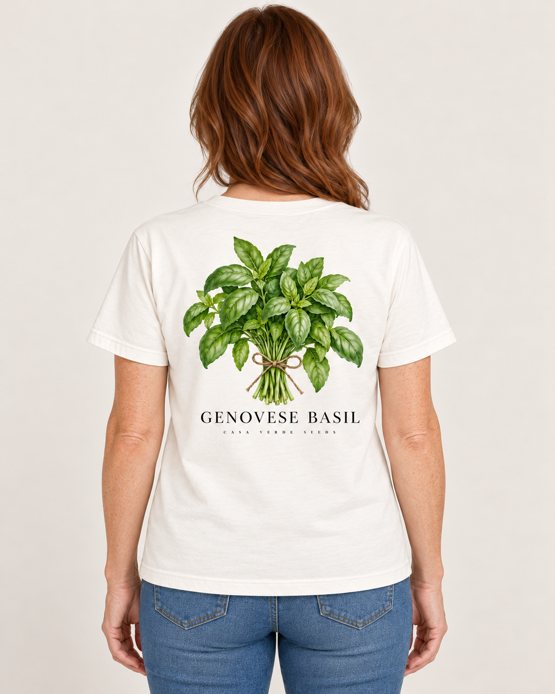 Genovese Basil T-Shirt — AI-generated matching back view. Illustrative garment preview, not a physical sample, exact fit or production proof.