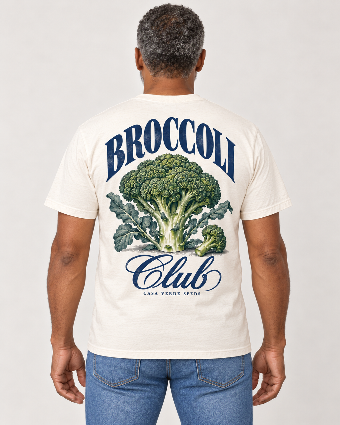 Broccoli Club T-Shirt — AI-generated matching back view. Illustrative garment preview, not a physical sample, exact fit or production proof.
