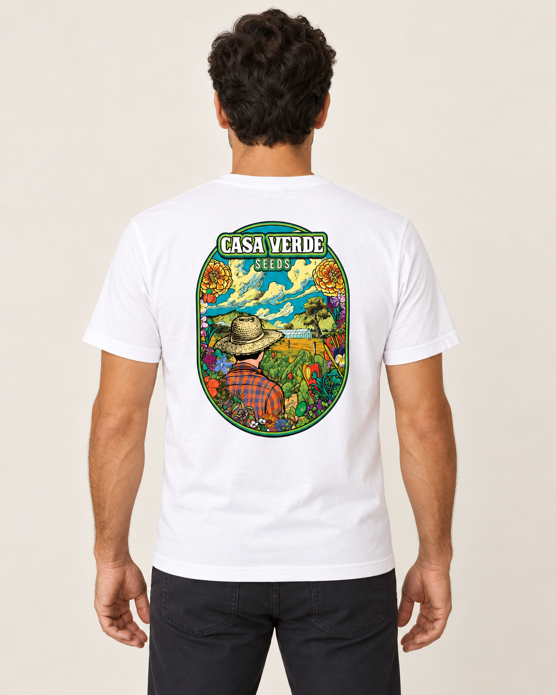 Casa Verde Seeds T-Shirt — AI-generated matching back view. Illustrative garment preview, not a physical sample, exact fit or production proof.