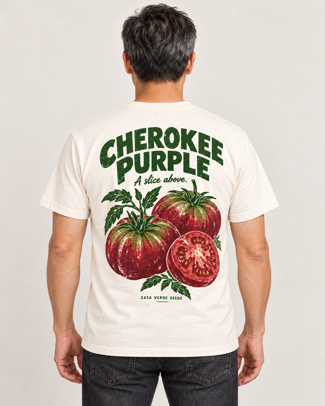 Cherokee Purple T-Shirt — AI-generated matching back view. Illustrative garment preview, not a physical sample, exact fit or production proof.