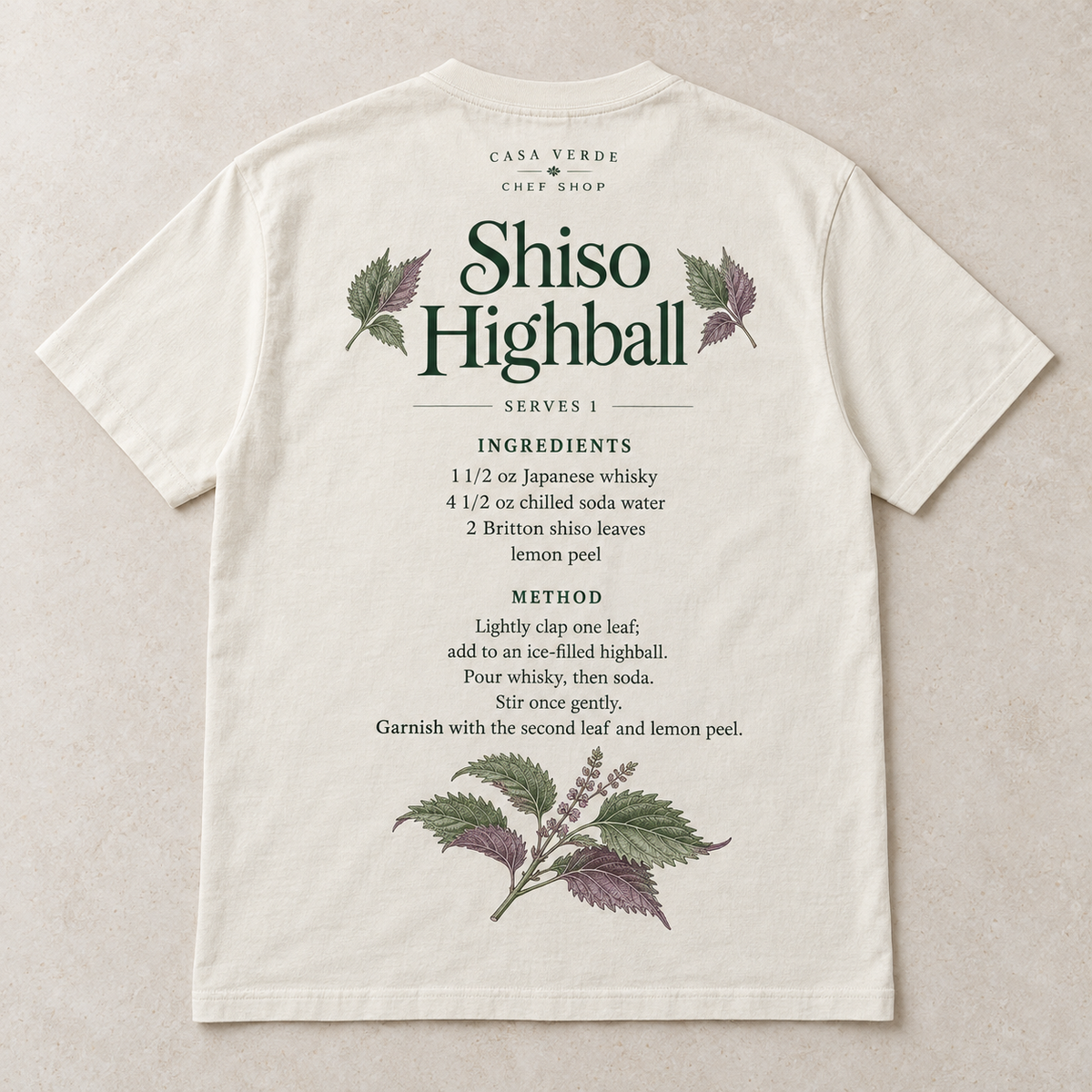 Shiso Highball T-Shirt — approved back preview with cocktail recipe lettering and shiso illustration. Garment mockup, not a production master.