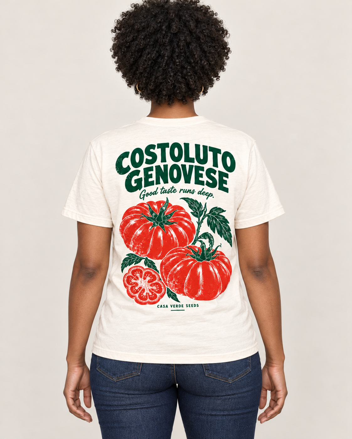 Costoluto Genovese T-Shirt — AI-generated matching back view. Illustrative garment preview, not a physical sample, exact fit or production proof.