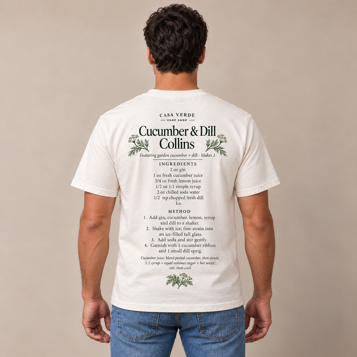 Cucumber & Dill Collins T-Shirt — AI-generated back view at the approved cocktail-series presentation scale. Illustrative placement preview, not a physical sample, exact fit or production proof.