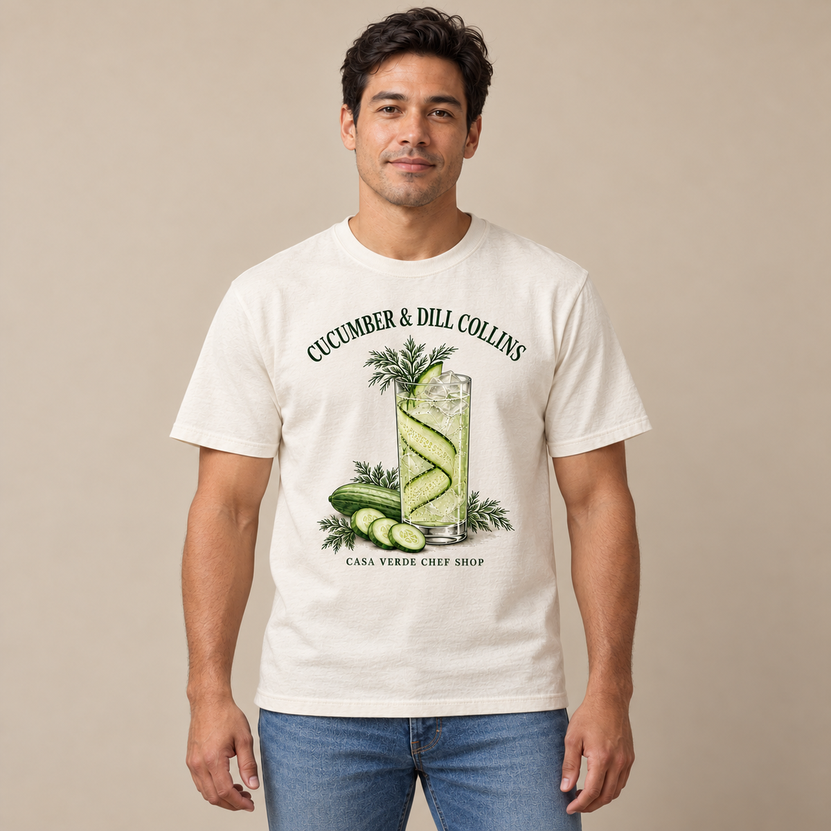 Cucumber & Dill Collins T-Shirt — AI-generated front view at the approved cocktail-series presentation scale. Illustrative placement preview, not a physical sample, exact fit or production proof.