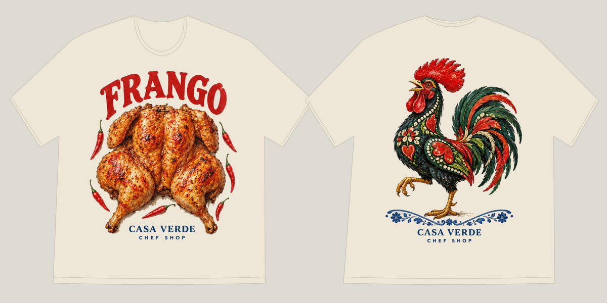 FRANGO Piri-Piri T-Shirt — approved V5 combined front-and-back layout proof. Red FRANGO lettering over illustrated piri-piri chicken on the front; decorative rooster and blue floral flourish on the back. Casa Verde Chef Shop signatures on both sides. Concept preview, not a model photograph or production master.